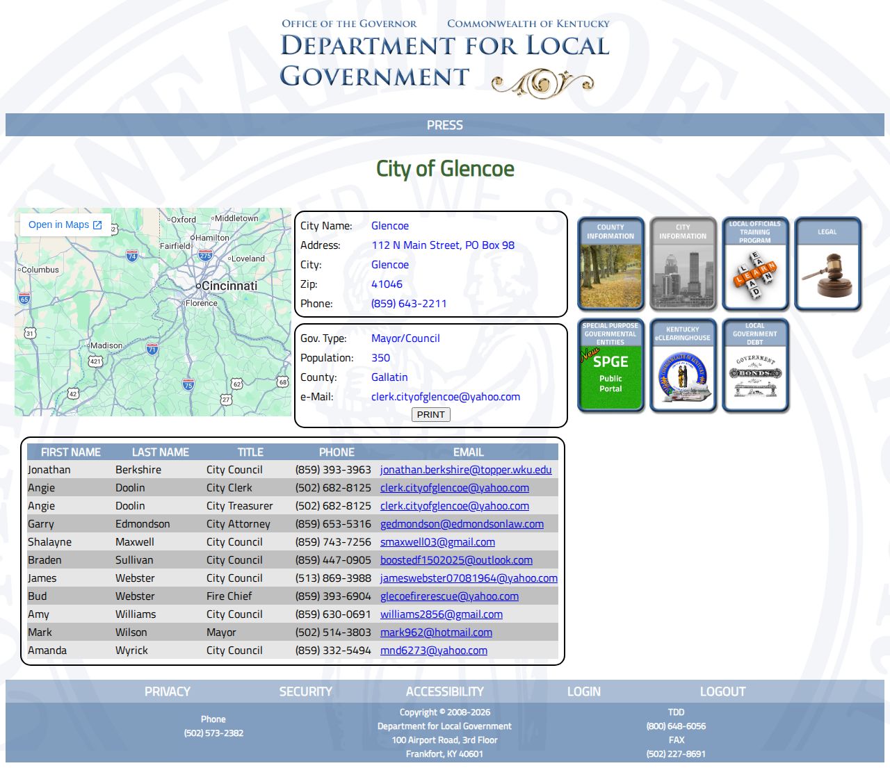 Glencoe Kentucky official city directory for Gallatin County arrest record routing