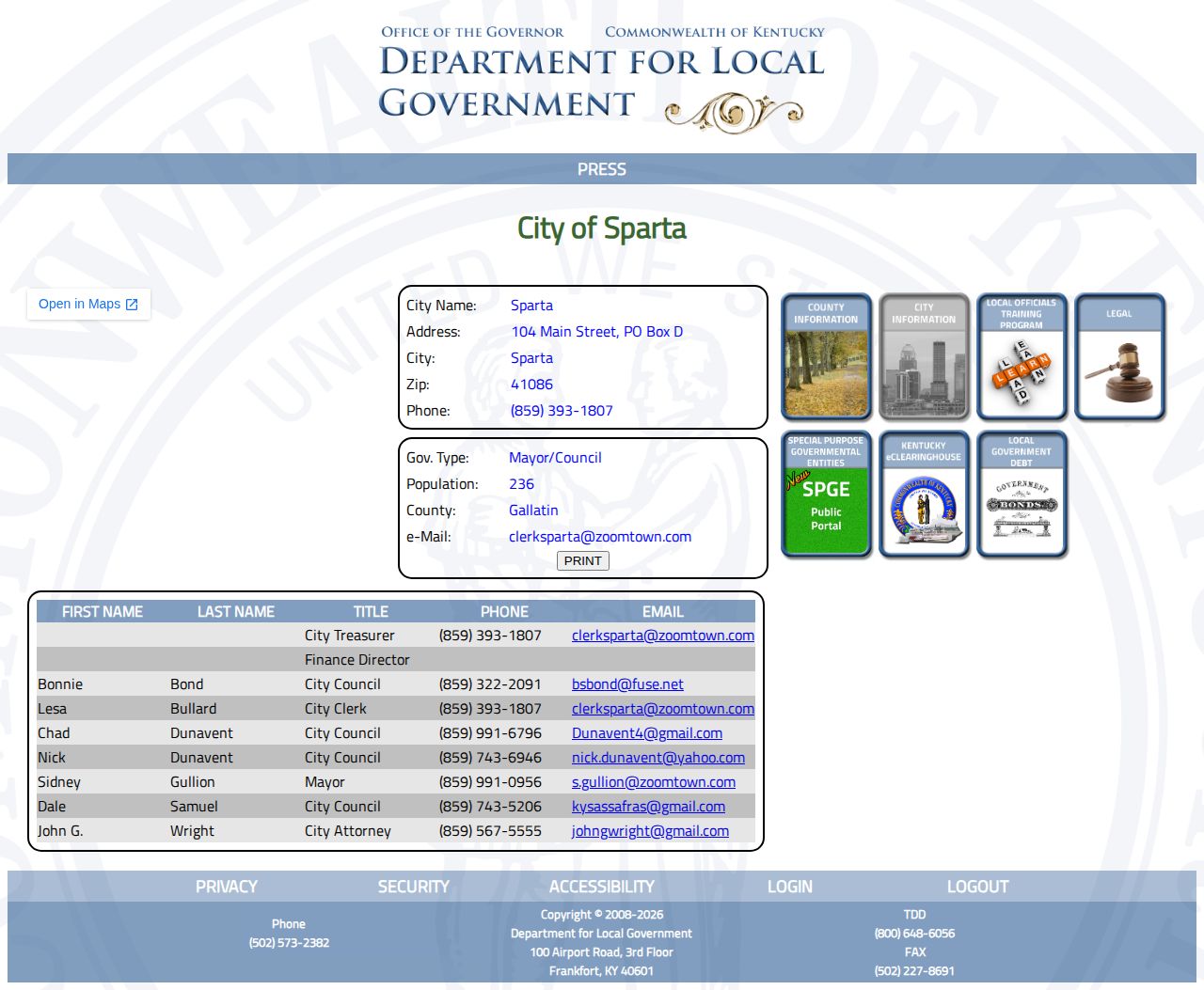 Sparta Kentucky official directory for Gallatin County arrest record requests